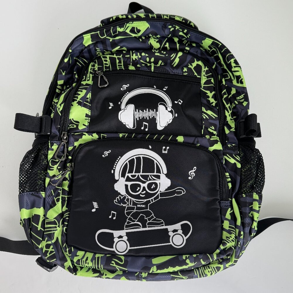 School Backpack  - Skater -  Boys Kids Teens - Camo Green - Glow in the Dark